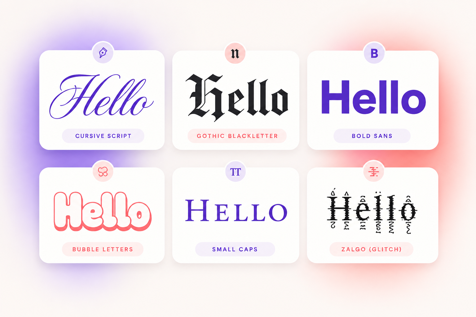The word Hello rendered in six different Unicode font styles on floating cards